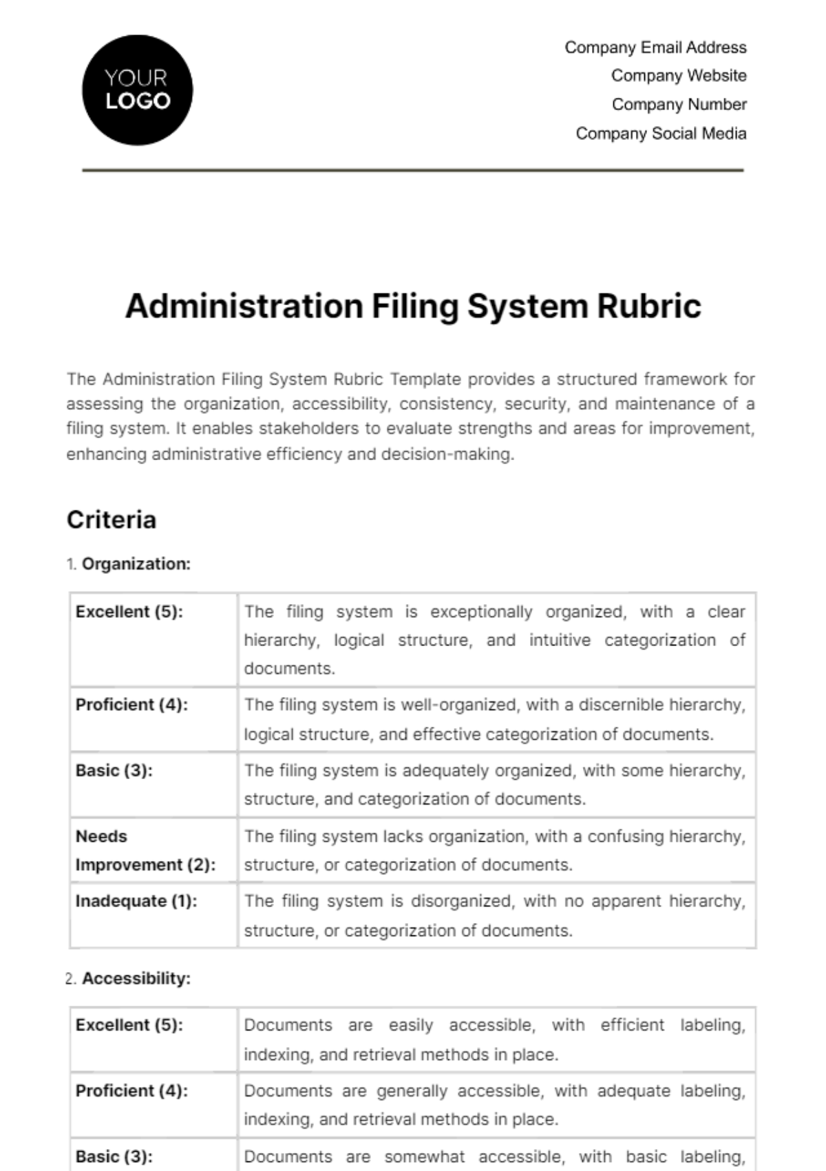 Free Administration Filing System Rubric Template