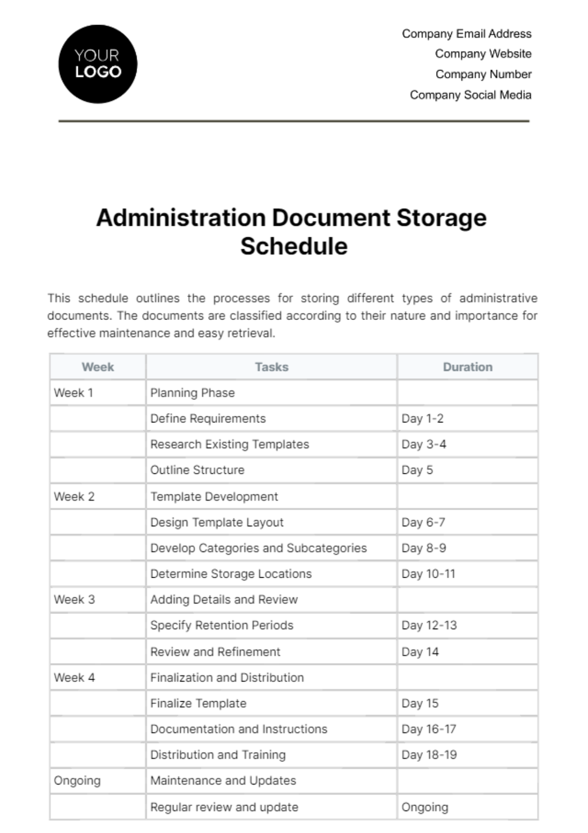 Free Administration Document Storage Schedule Template