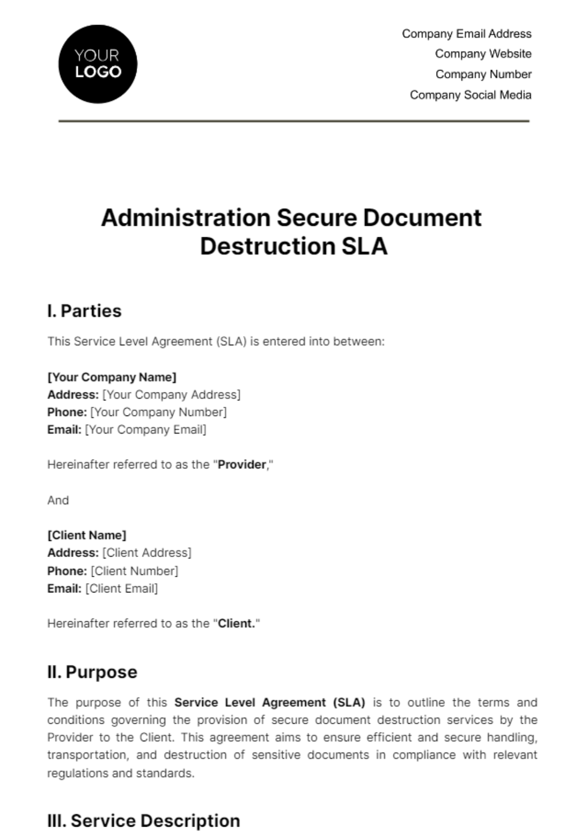 Administration Secure Document Destruction SLA Template