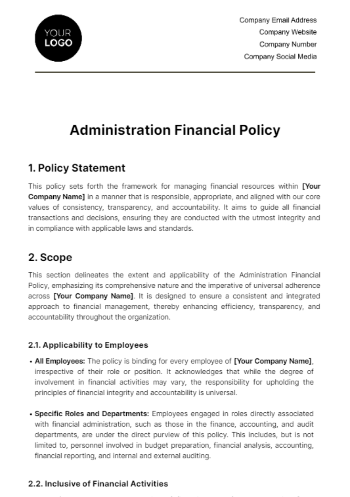 Free Administration Financial Policy Template