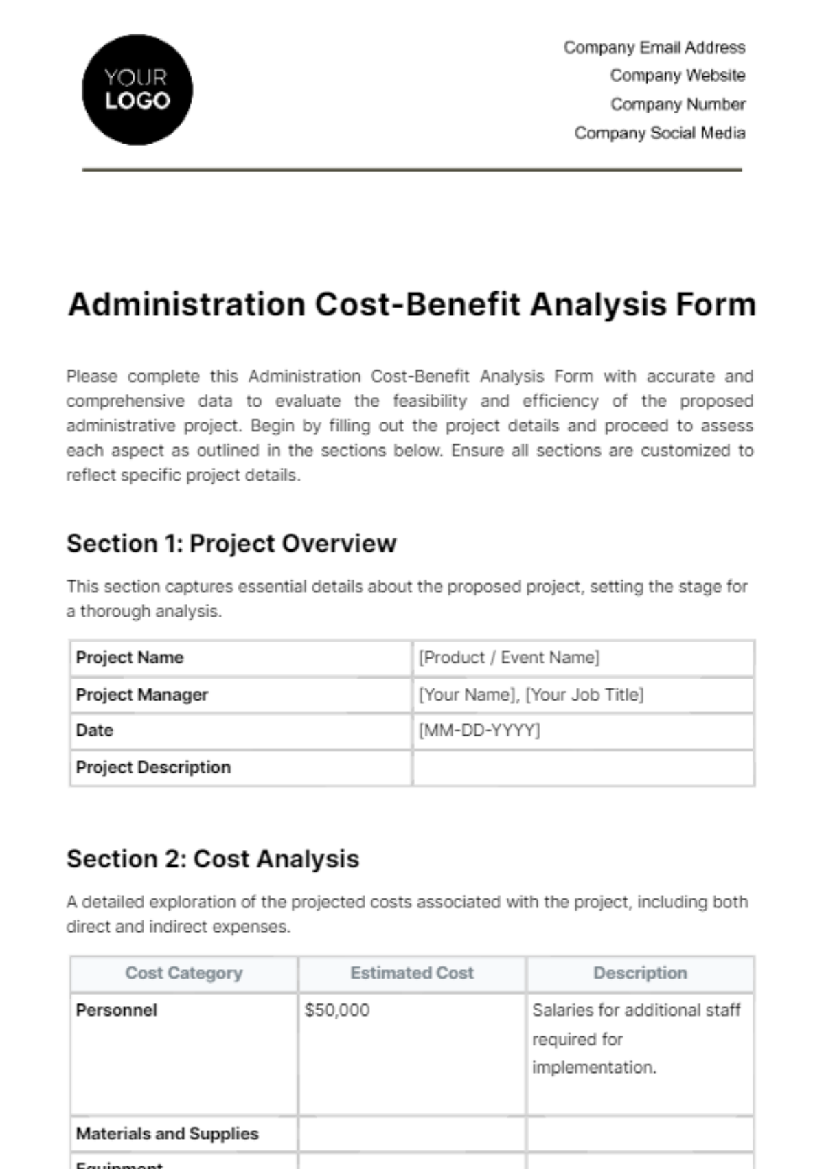 Free Administration Cost-Benefit Analysis Form Template