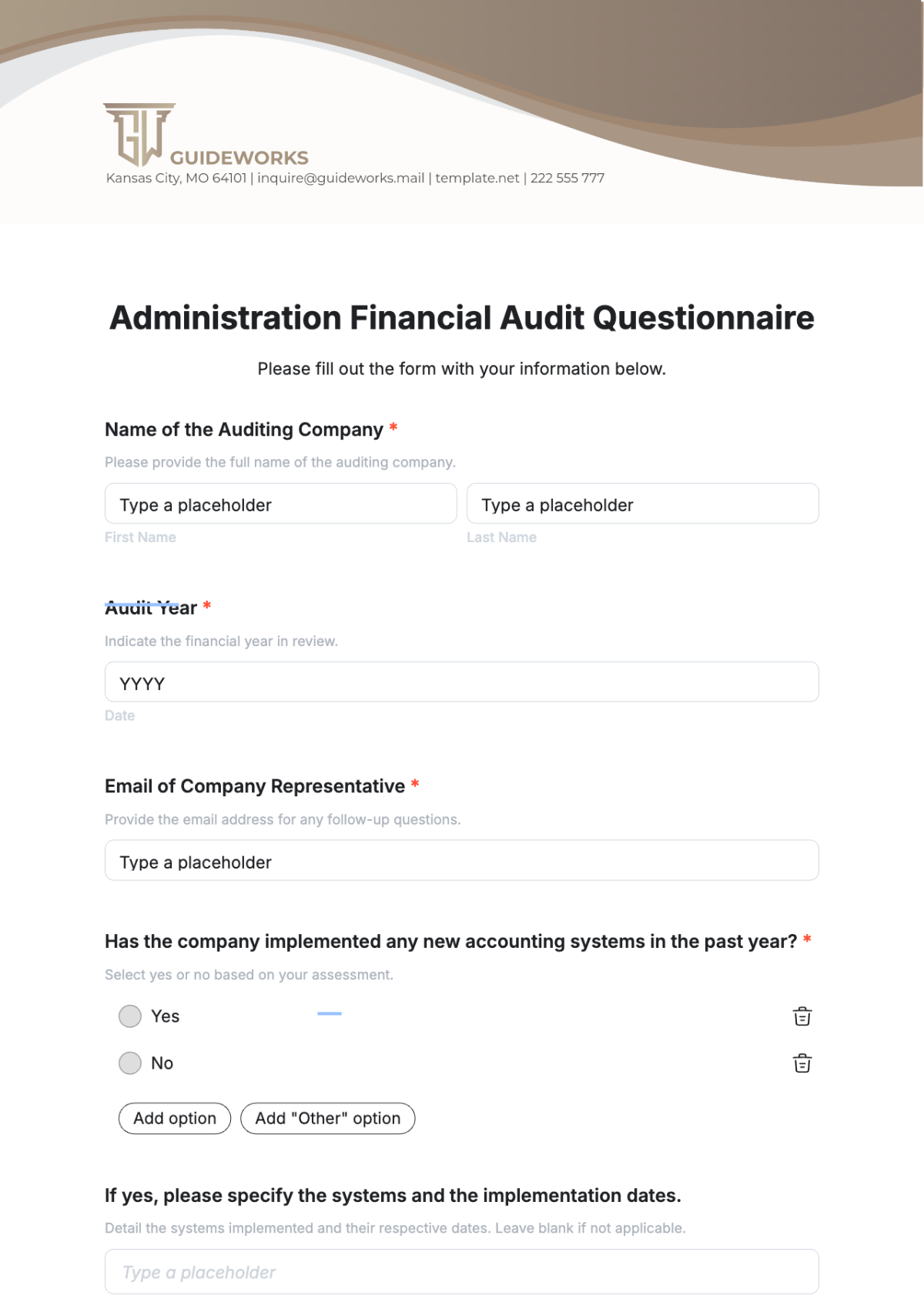 Free Administration Financial Audit Questionnaire Template to Edit Online
