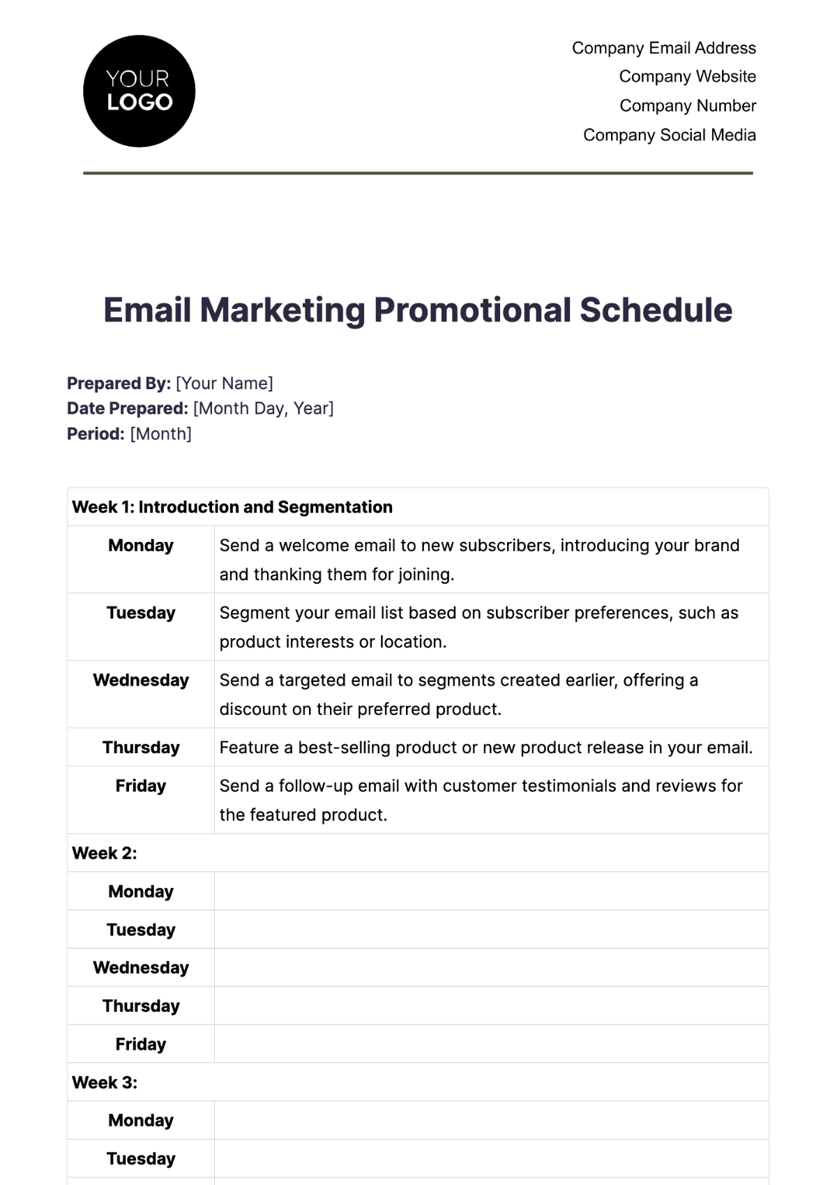 Email Marketing Promotional Schedule Template - Edit Online & Download