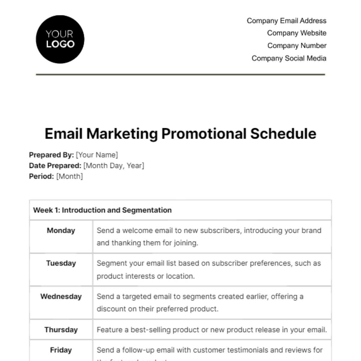 Free Email Marketing Promotional Schedule Template