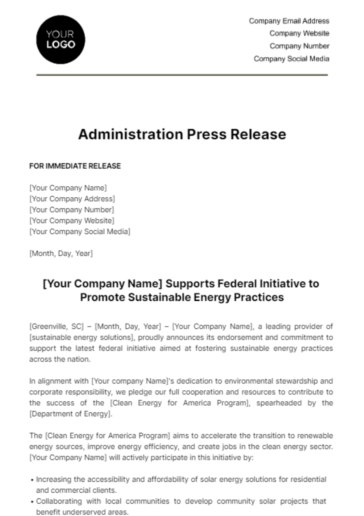 Free Administration Press Release Template