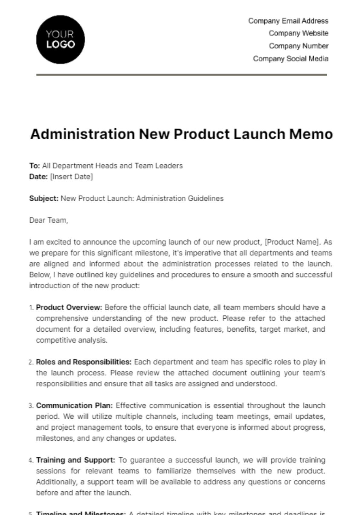 Administration New Product Launch Memo Template