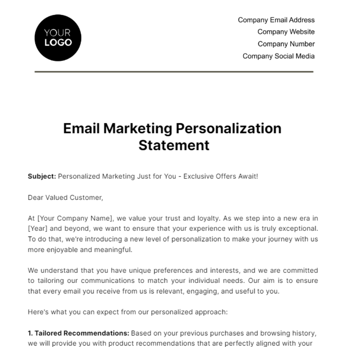 Email Marketing Personalization Statement Template