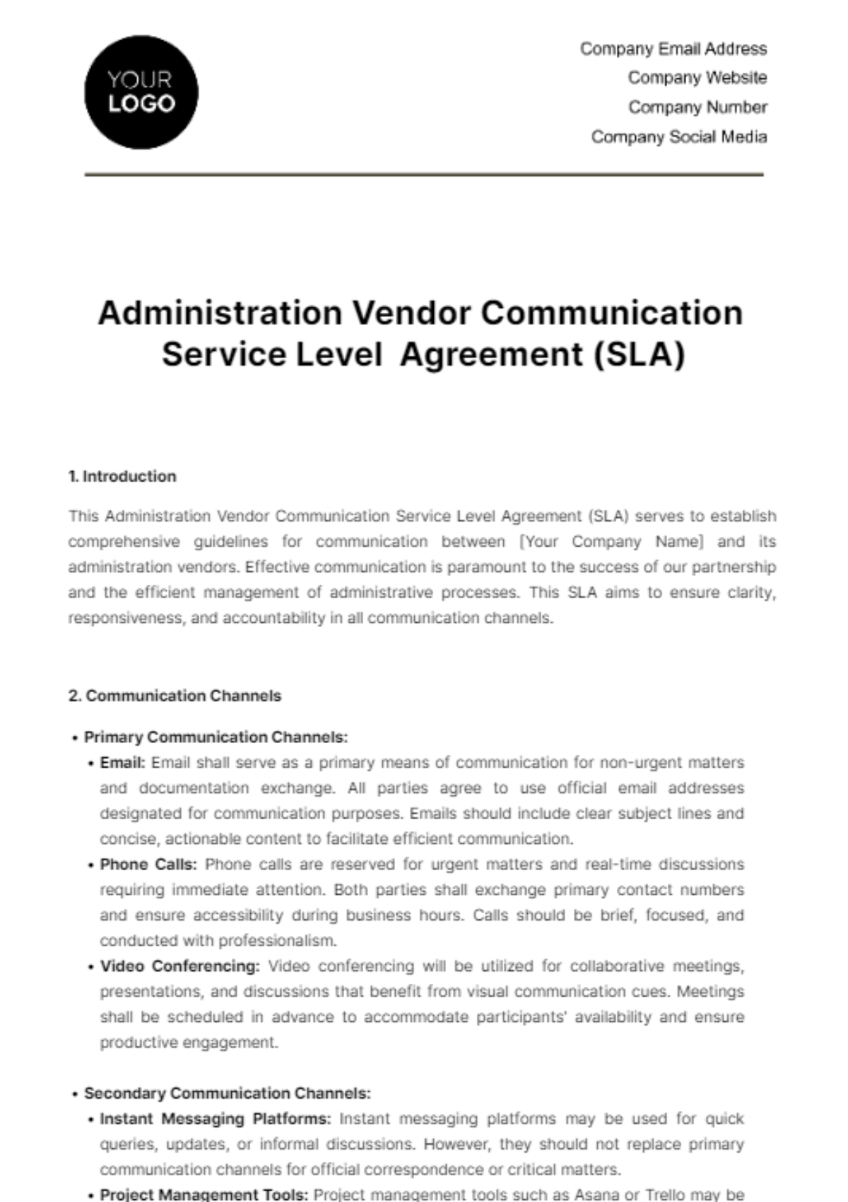 Free Administration Vendor Communication SLA Template