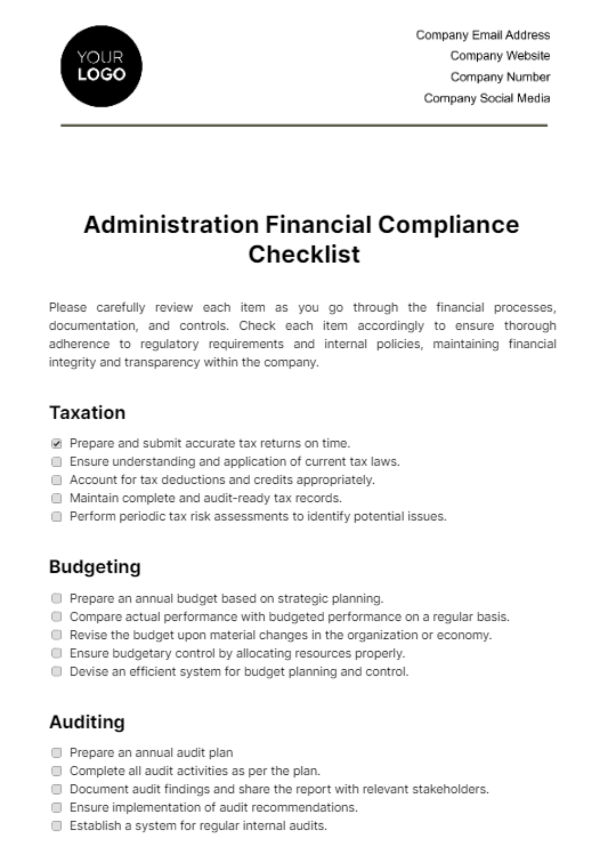 Free Administration Financial Compliance Checklist Template