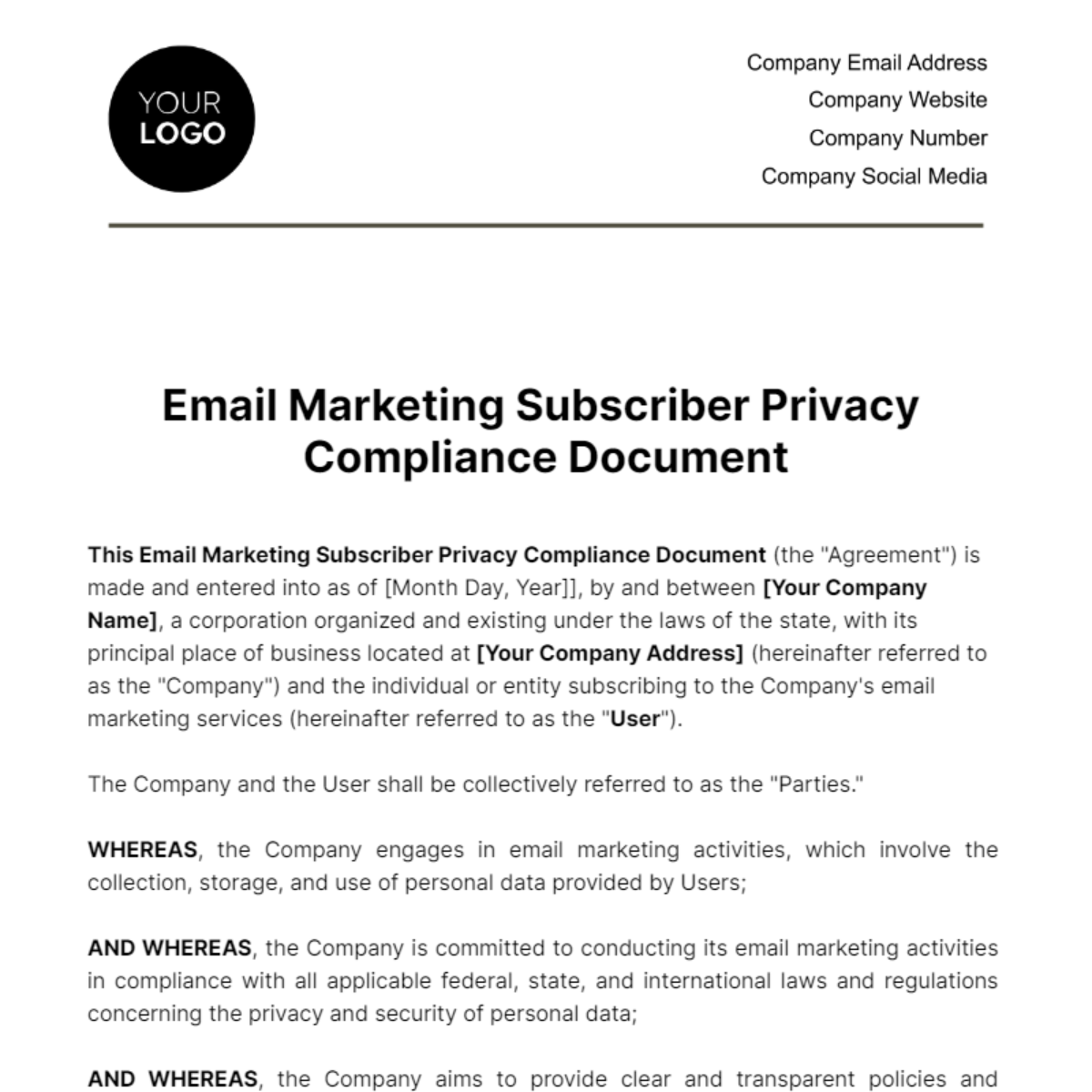 Email Marketing Subscriber Privacy Compliance Document Template