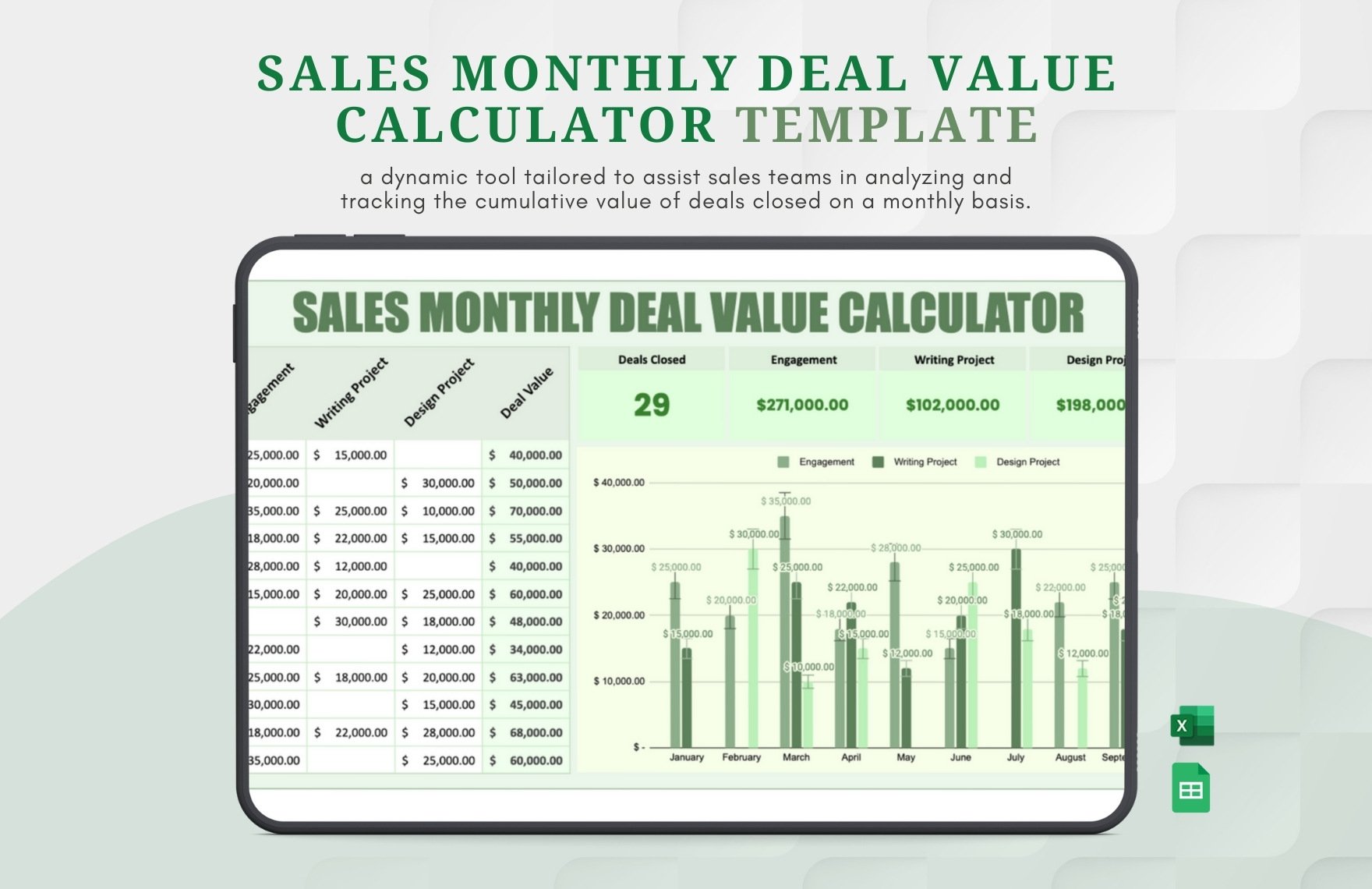 Sales Monthly Deal Value Calculator Template in Excel, Google Sheets