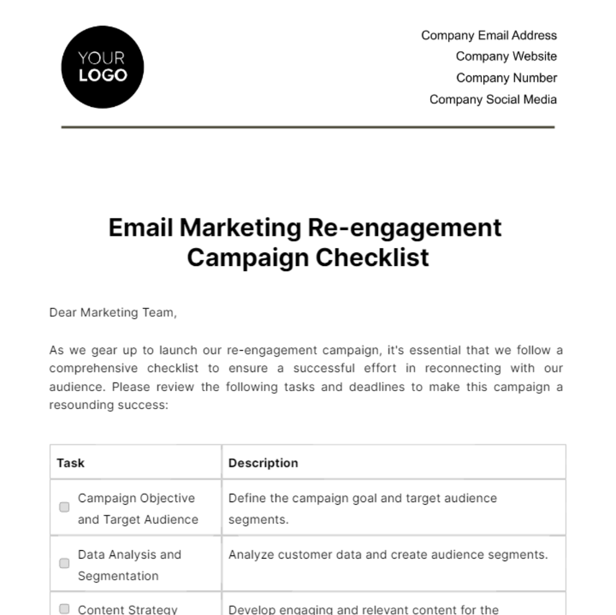 Free Email Marketing Re-engagement Campaign Checklist Template