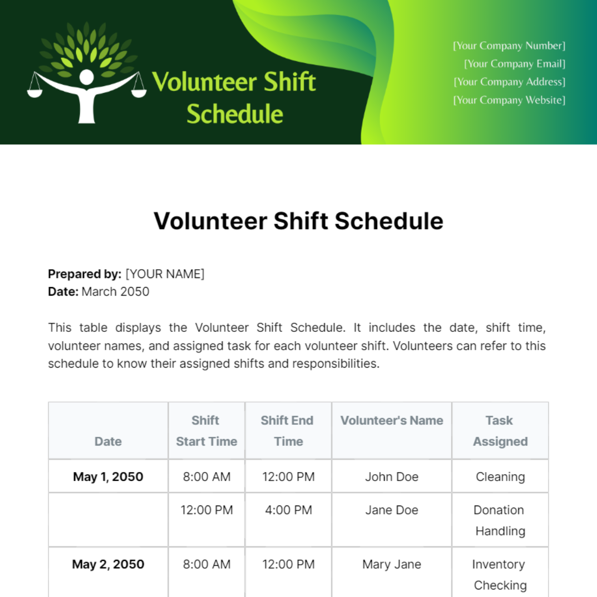 Volunteer Shift Schedule Template