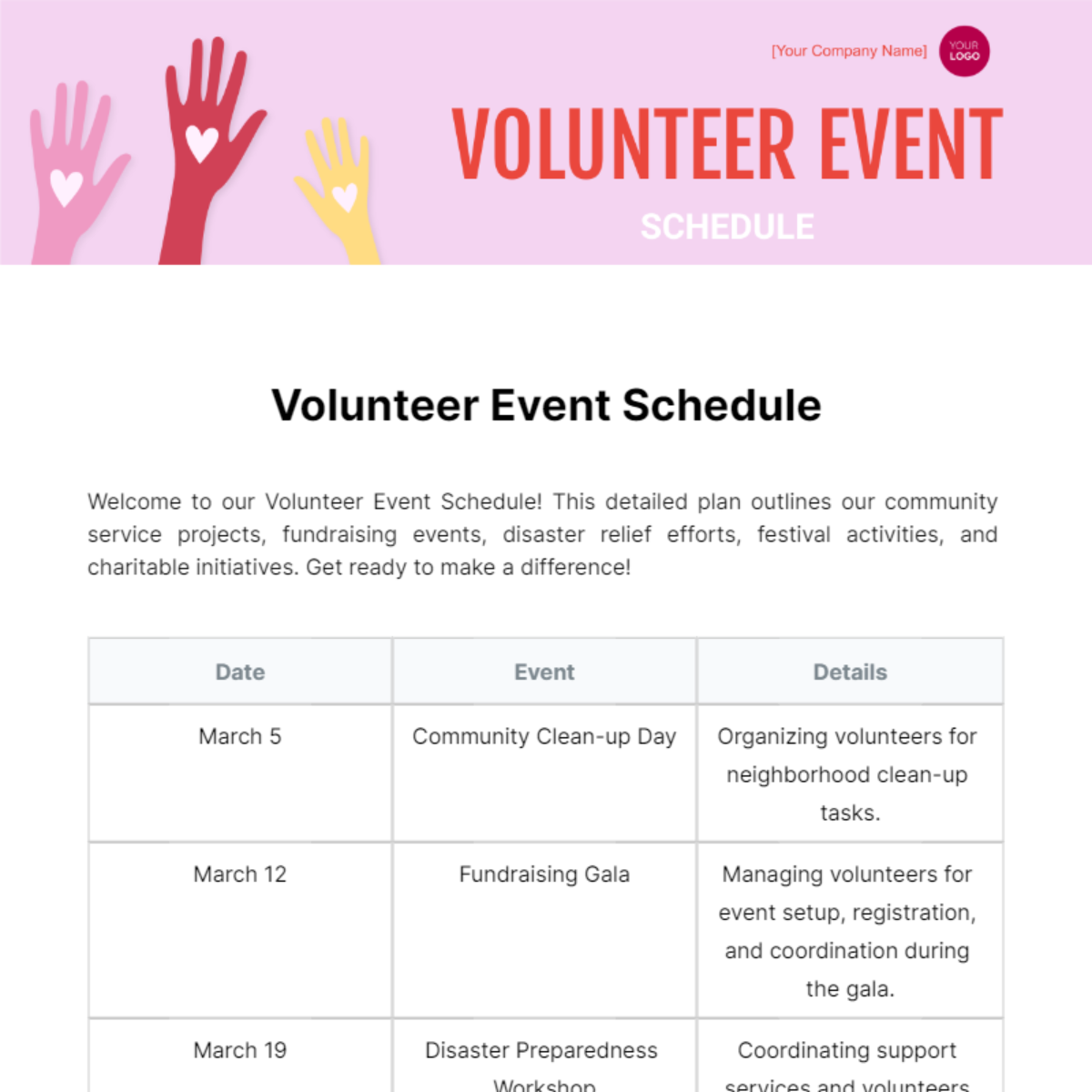 Volunteer Event Schedule Template