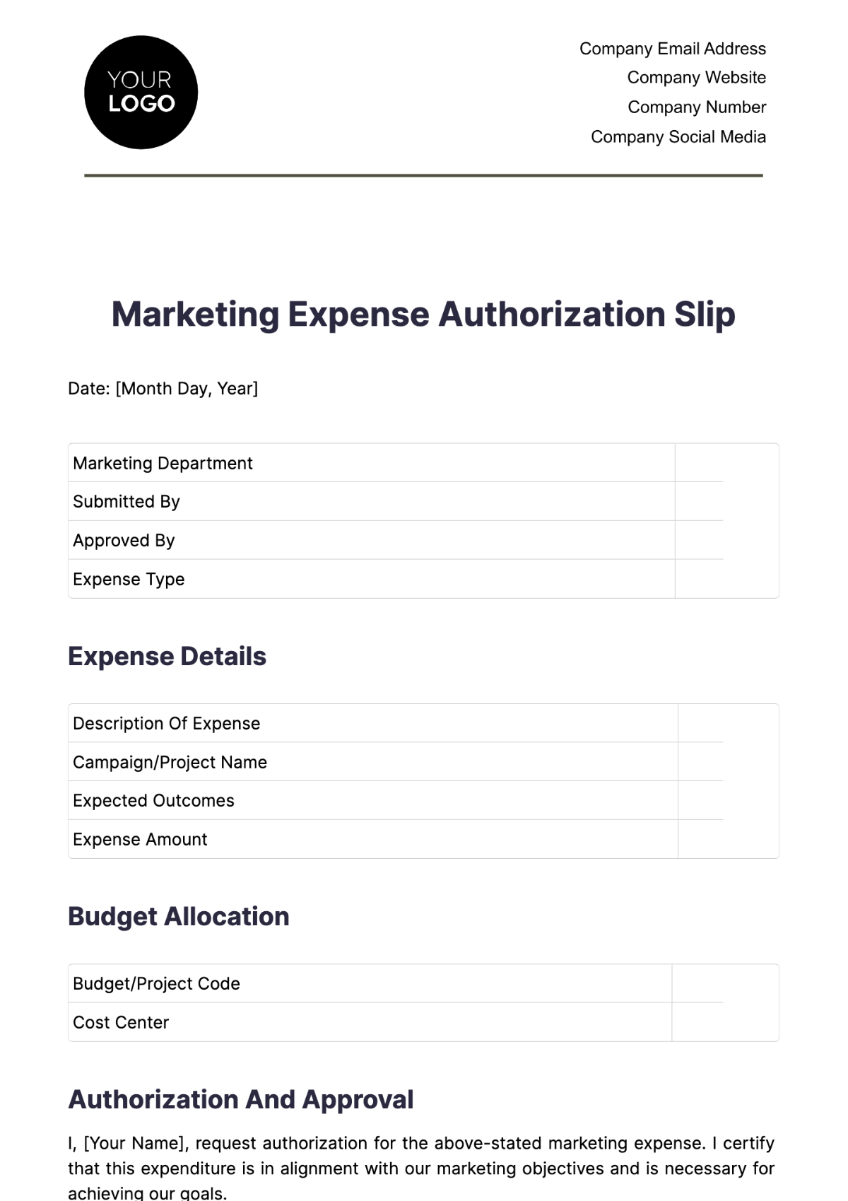 Marketing Expense Authorization Slip Template - Edit Online & Download