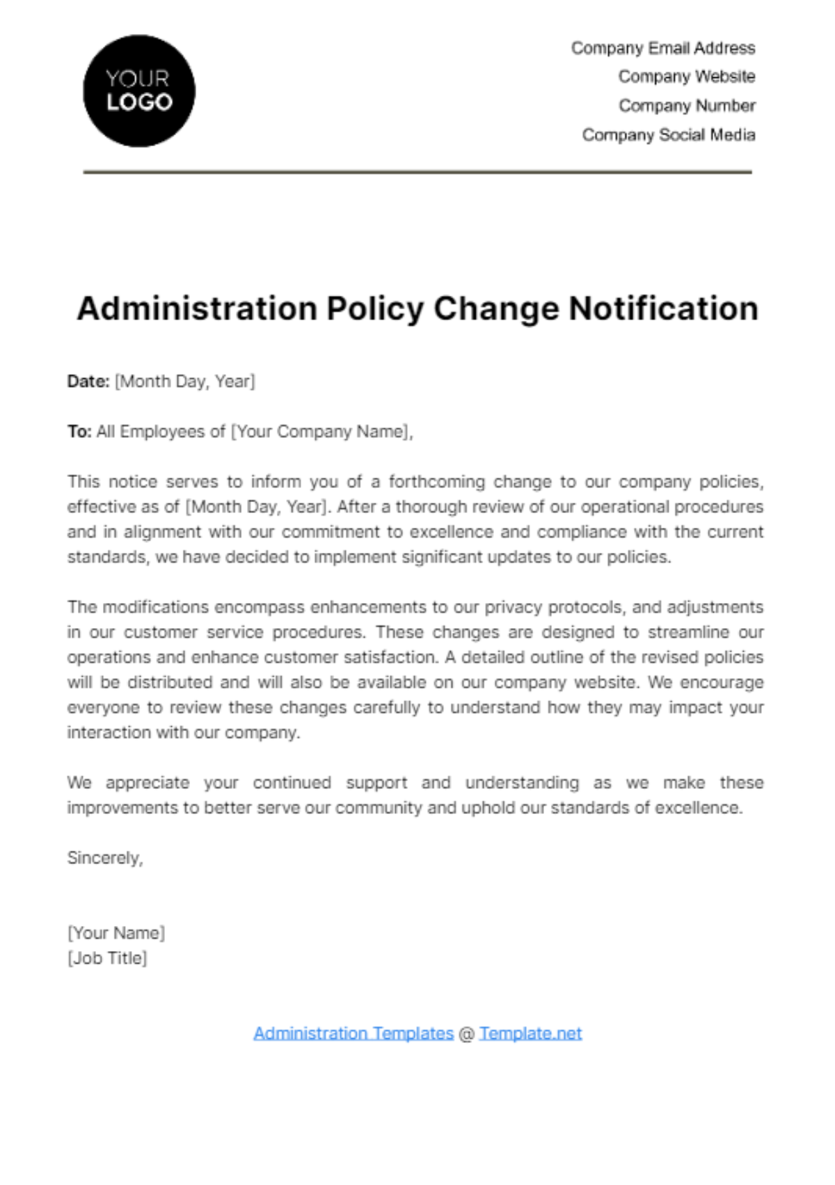 Free Administration Policy Change Notification Template