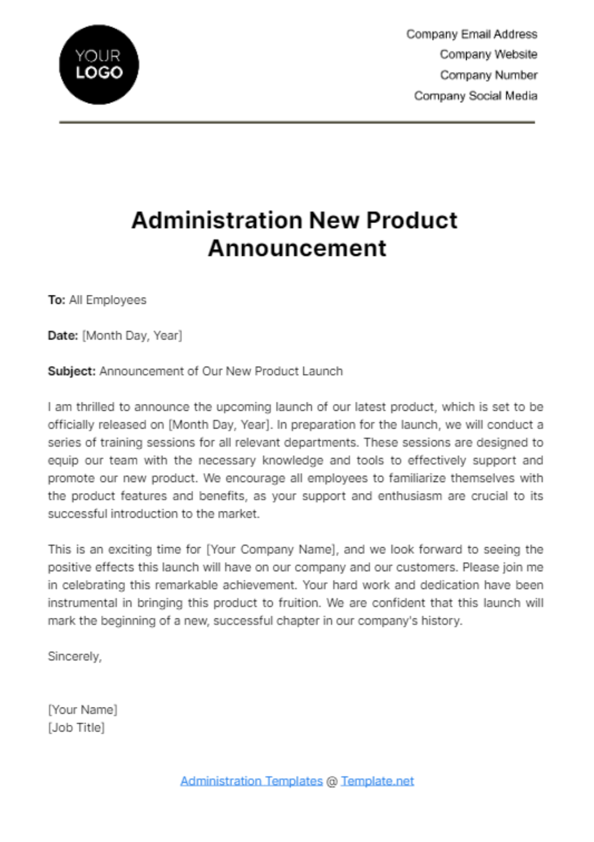 Free Administration New Product Announcement Template