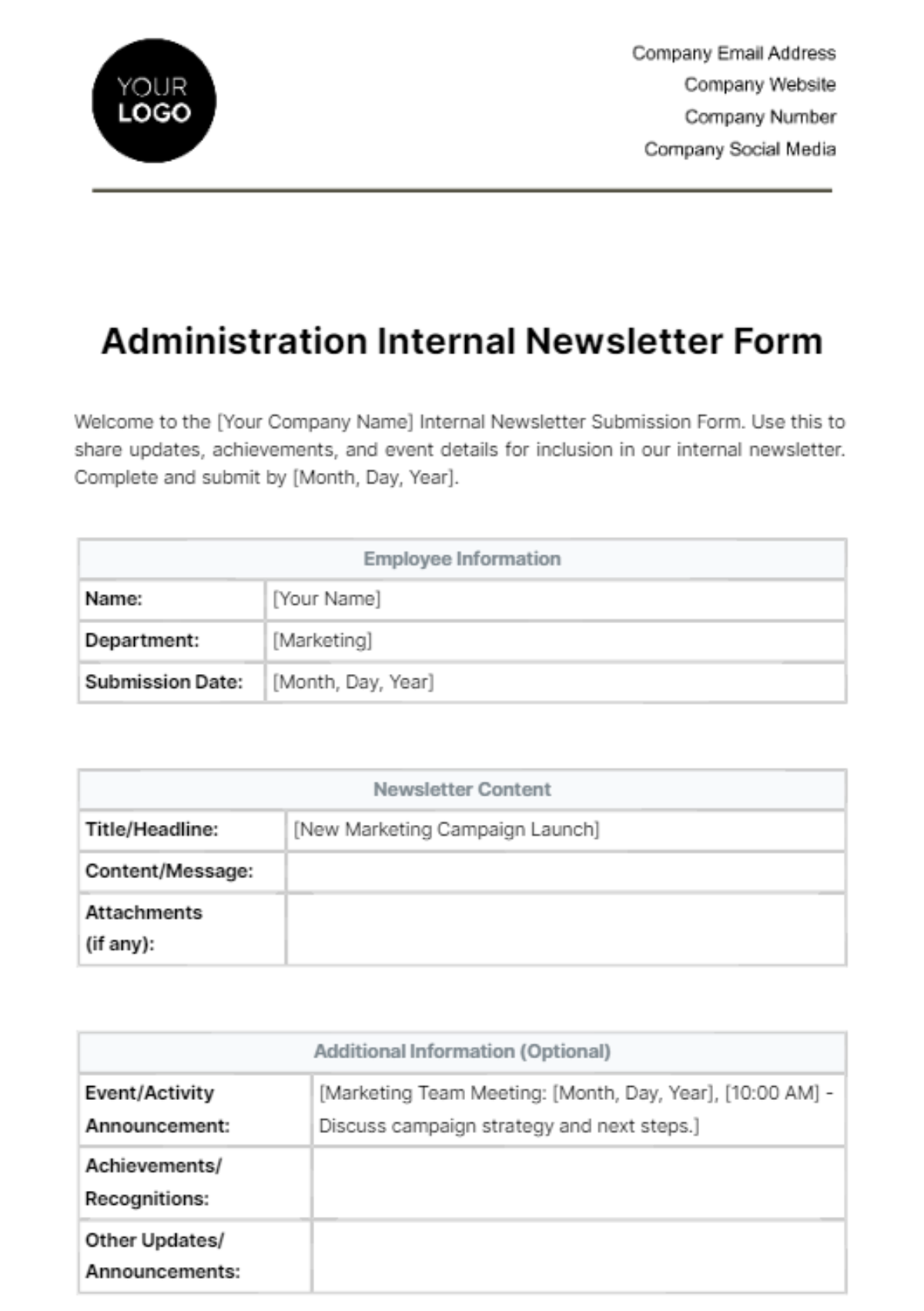 Free Administration Internal Newsletter Form Template