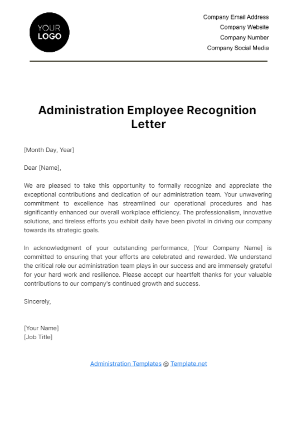 Free Administration Employee Recognition Letter Template