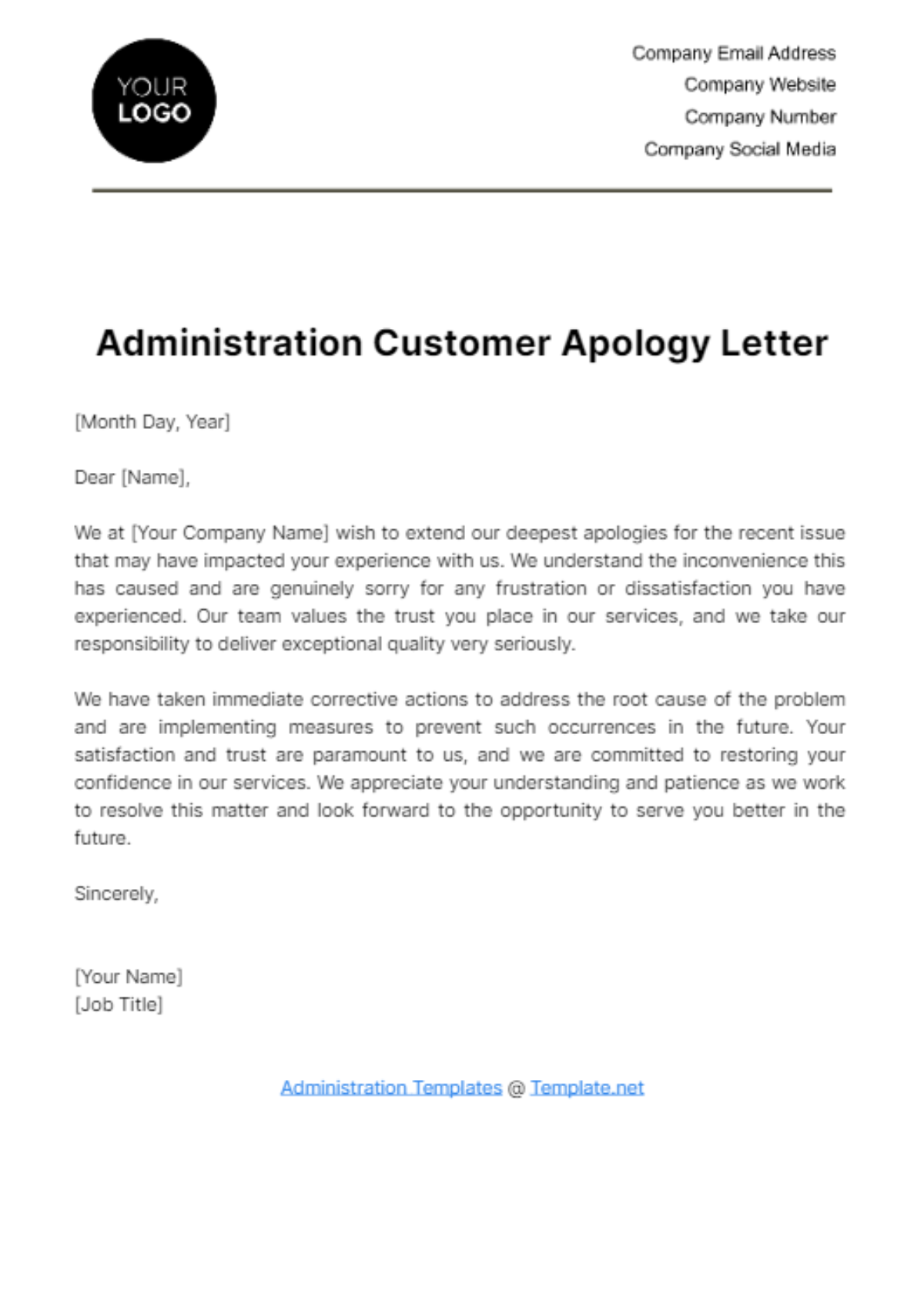 Administration Customer Apology Letter Template