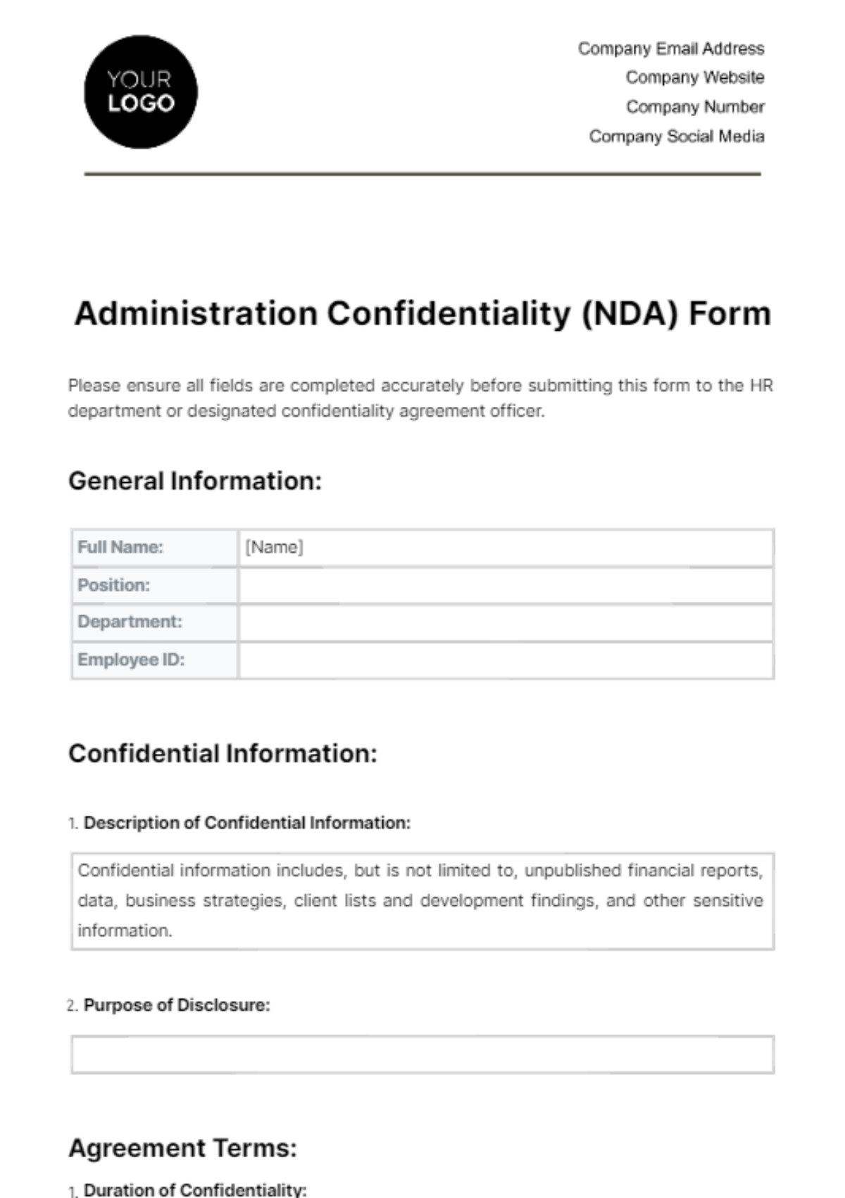 Administration Confidentiality (NDA) Form Template
