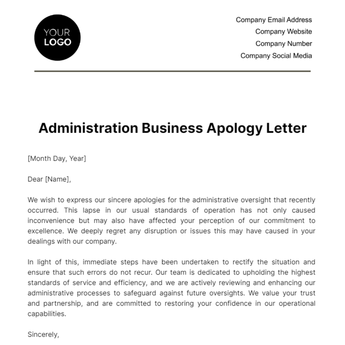 Free Administration Business Apology Letter Template