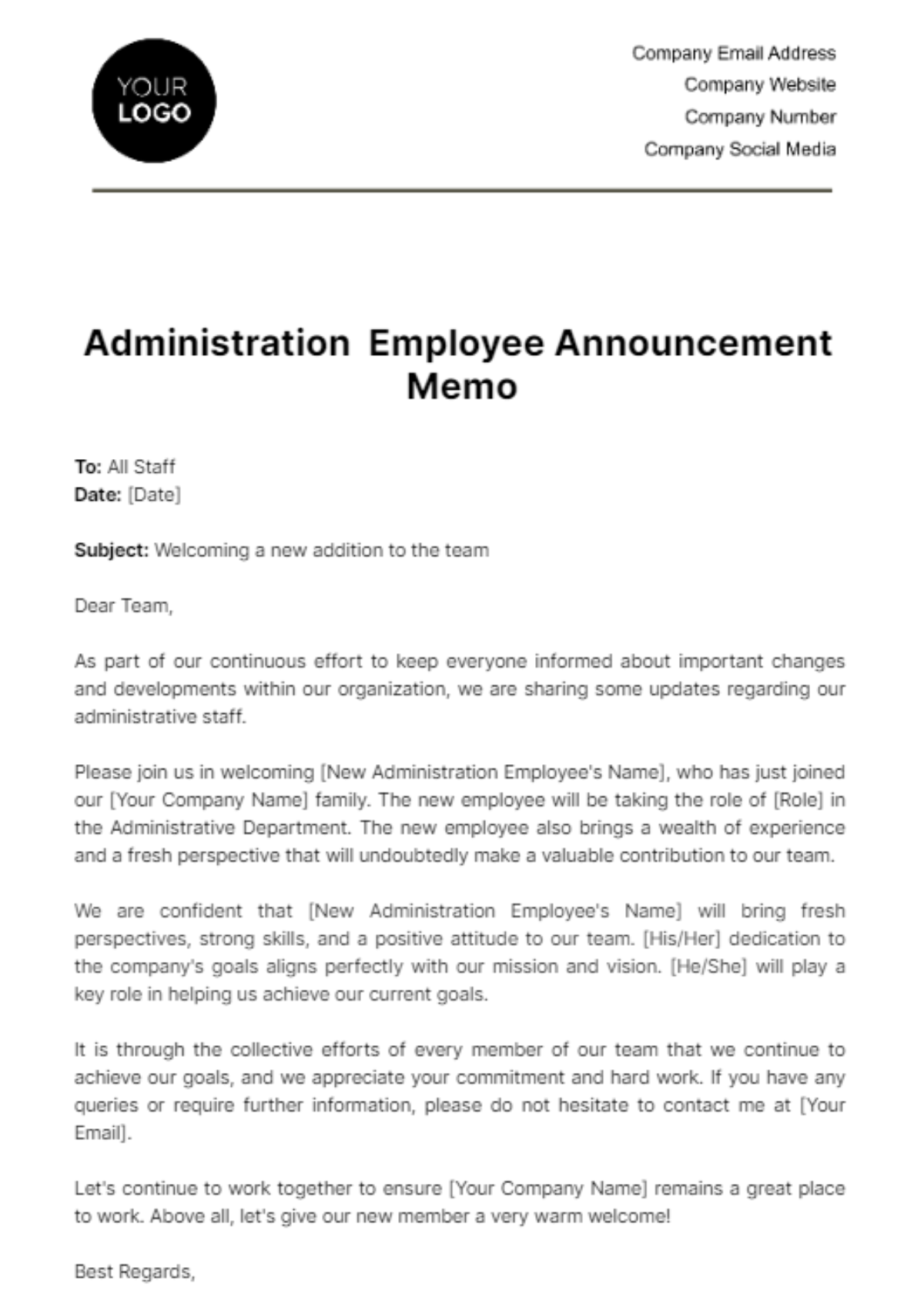Administration Employee Announcement Memo Template