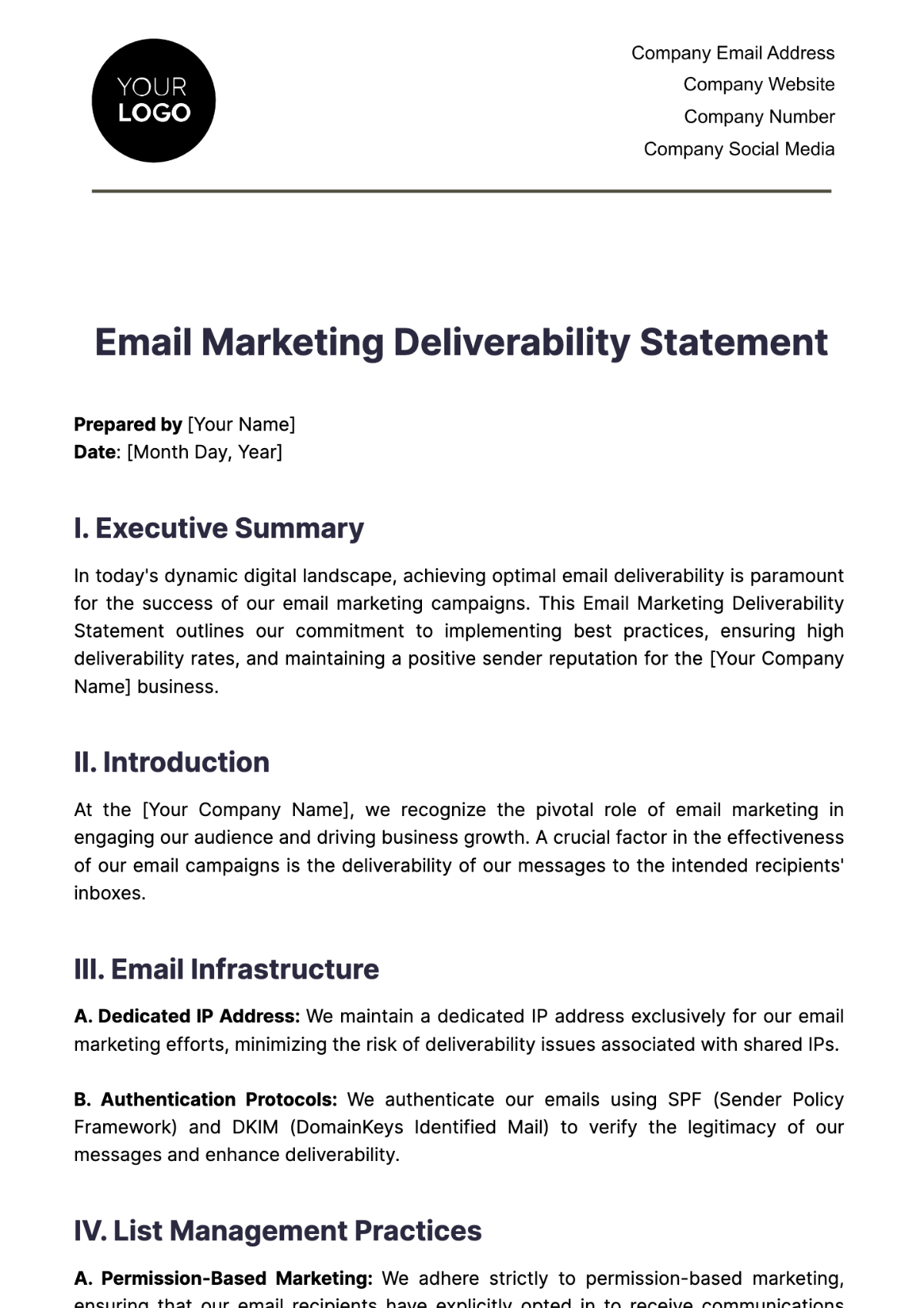 Email Marketing Deliverability Statement Template - Edit Online & Download