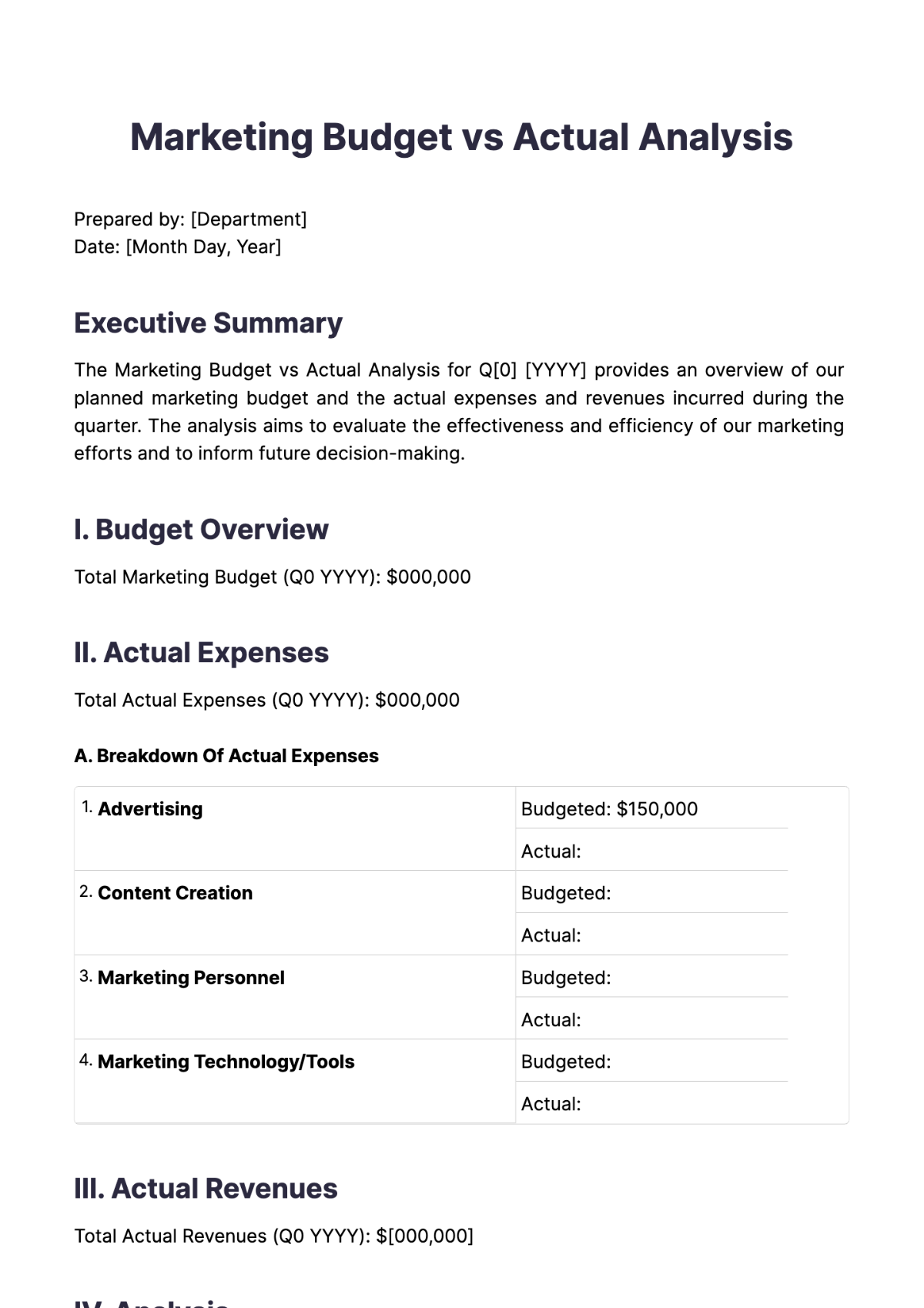 Marketing Budget vs Actual Analysis Template - Edit Online & Download