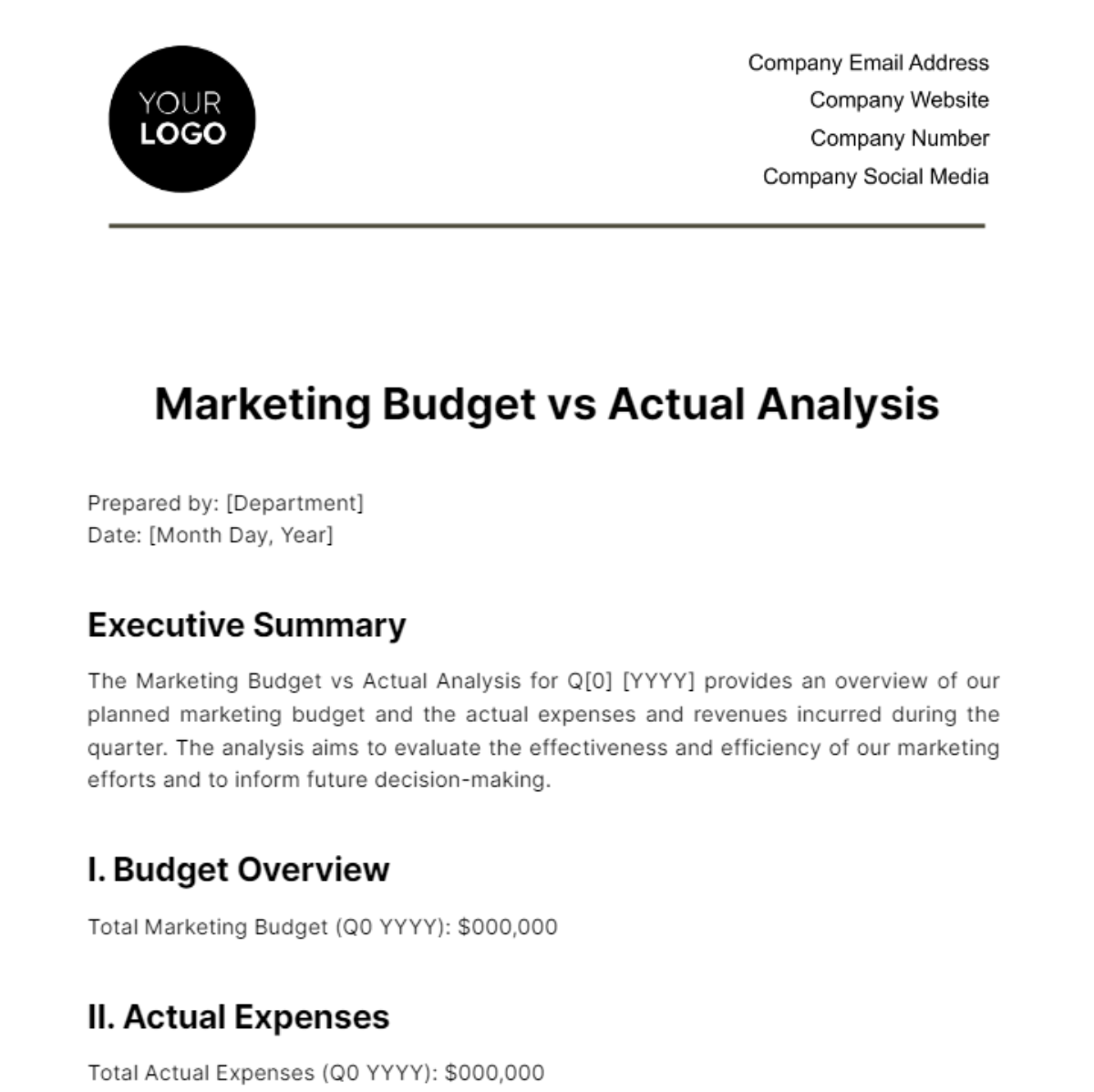 Free Marketing Budget vs Actual Analysis Template