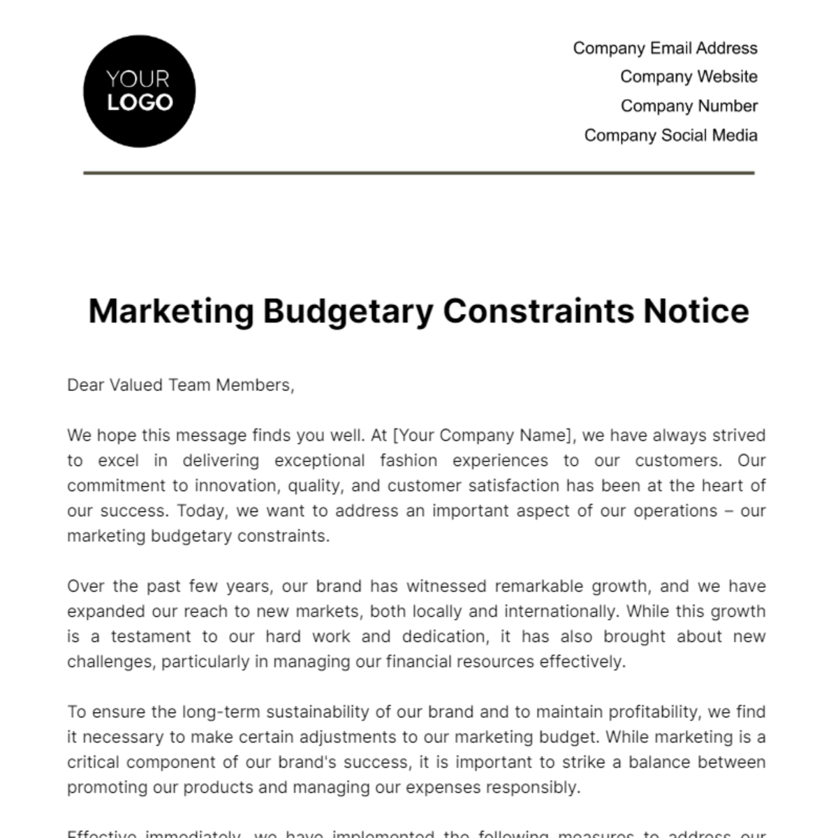 Marketing Budgetary Constraints Notice Template