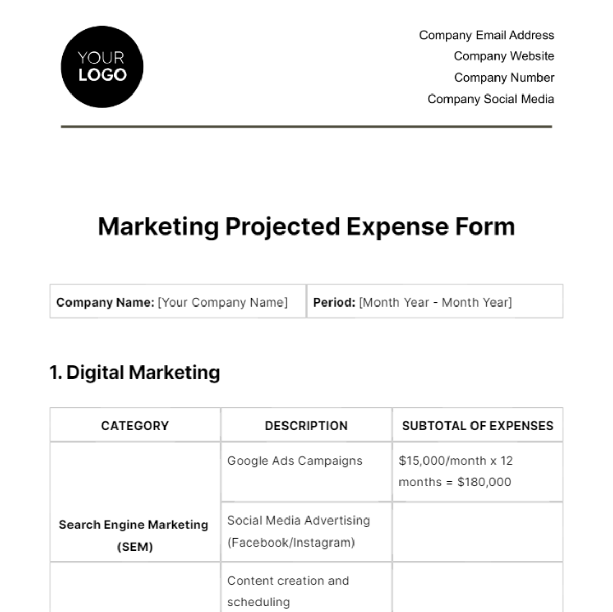 Free Marketing Projected Expense Form Template