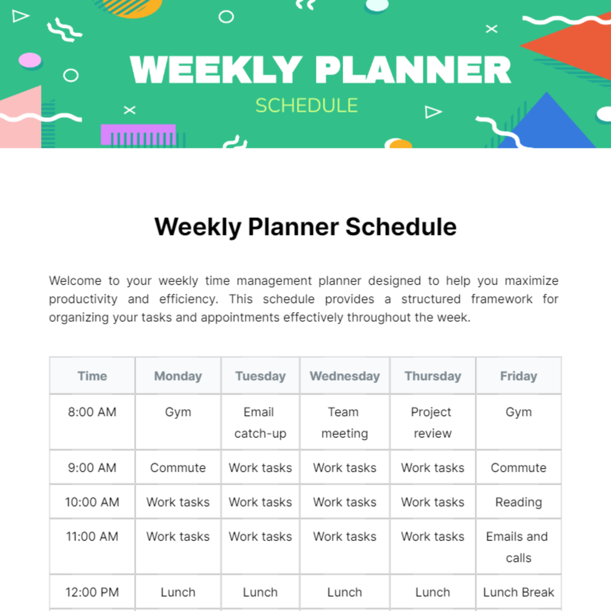 Weekly Planner Schedule Template