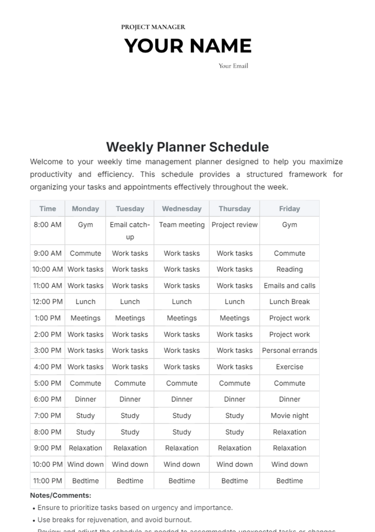 Weekly Planner Schedule Template - Edit Online & Download