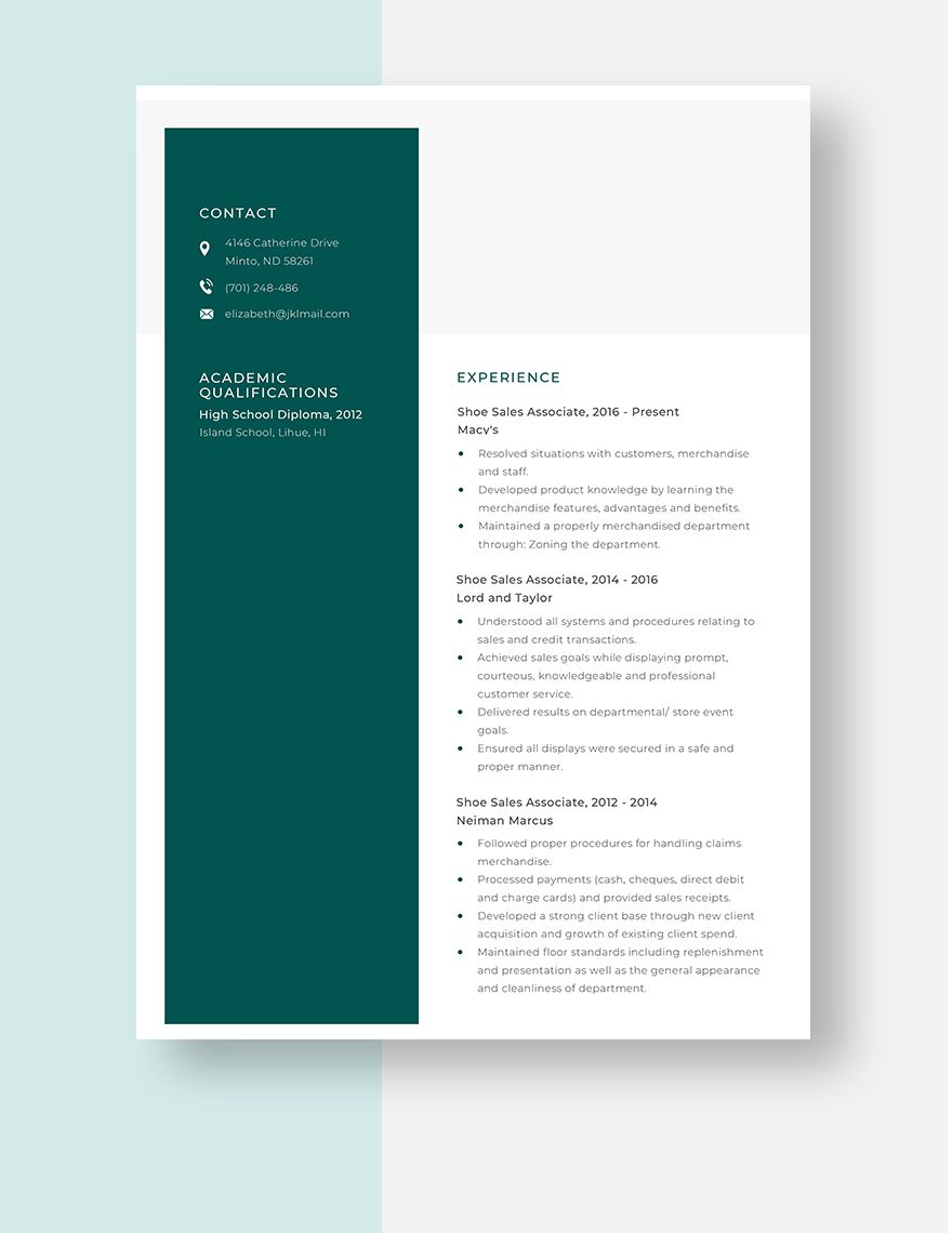 Shoe Sales Associate Resume Template