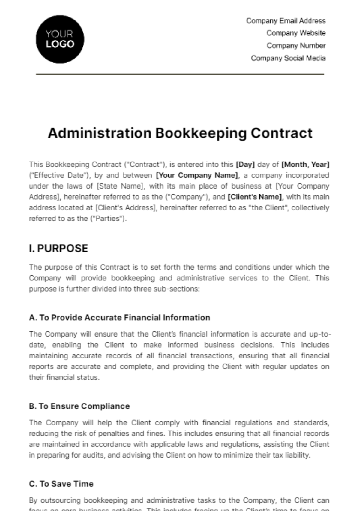 Free Administration Bookkeeping Contract Template