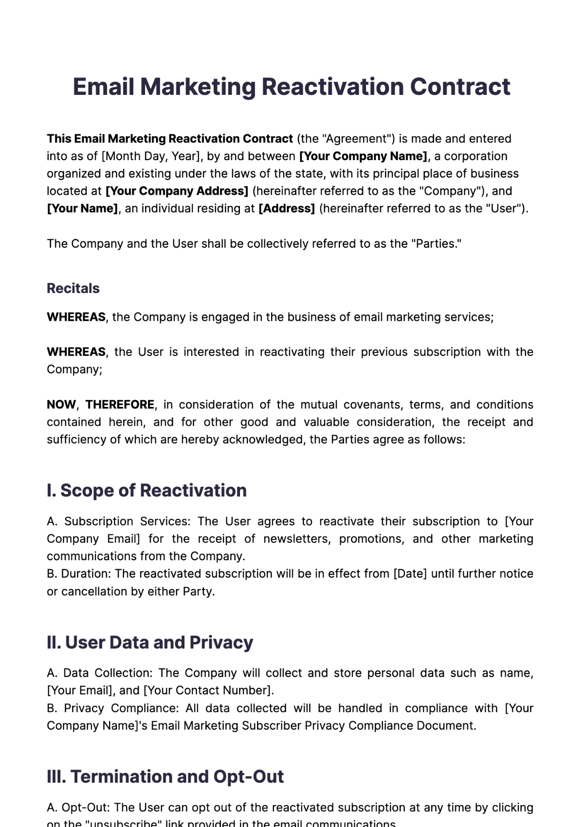 Email Marketing Reactivation Contract Template - Edit Online & Download