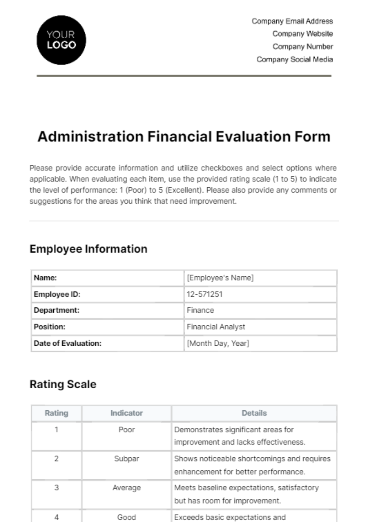 Free Administration Financial Evaluation Form Template