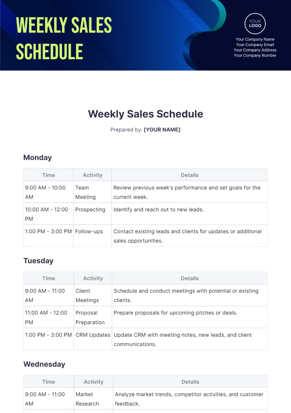 Weekly Sales Schedule Template - Edit Online & Download