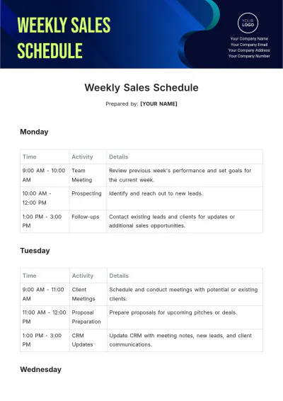Free Weekly Sales Schedule Template to Edit Online