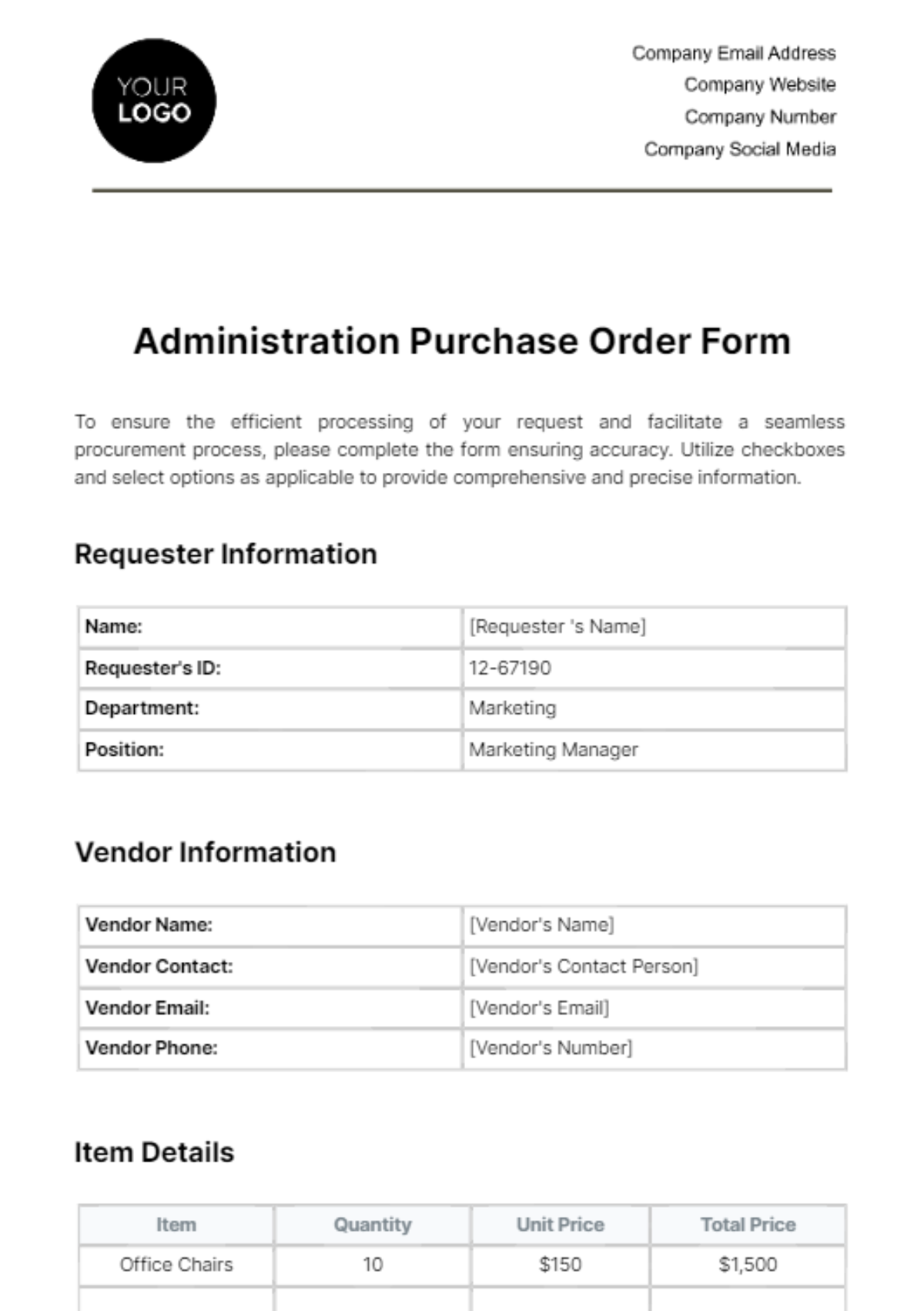 Administration Purchase Order Form Template