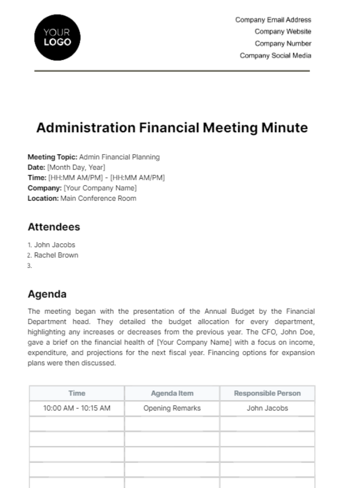 Administration Financial Meeting Minute Template