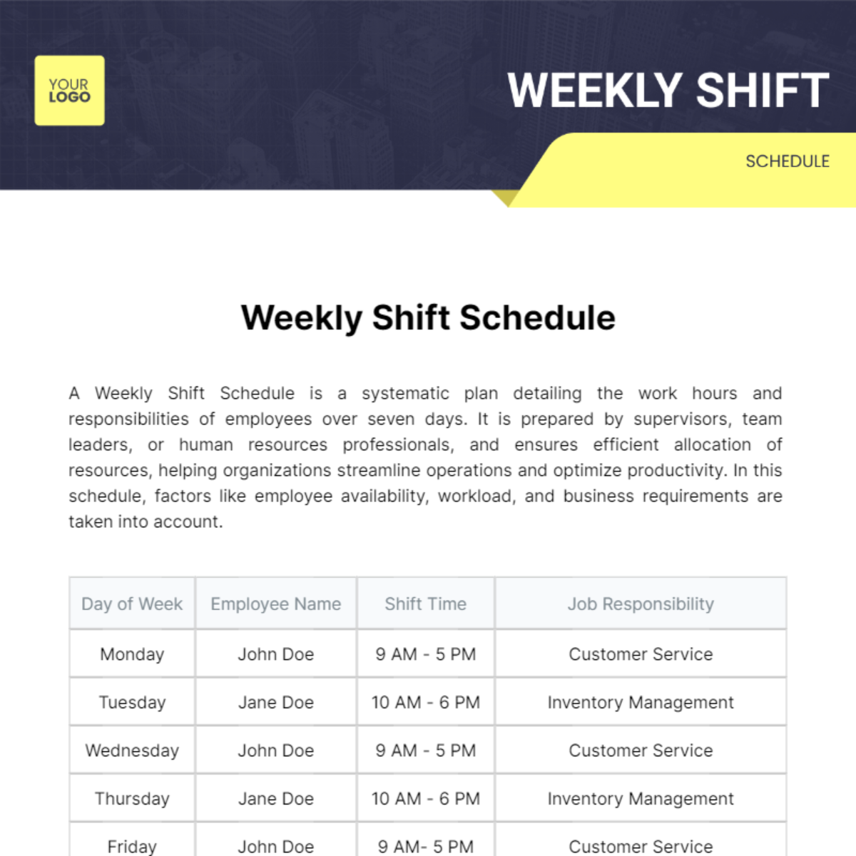 Weekly Shift Schedule Template