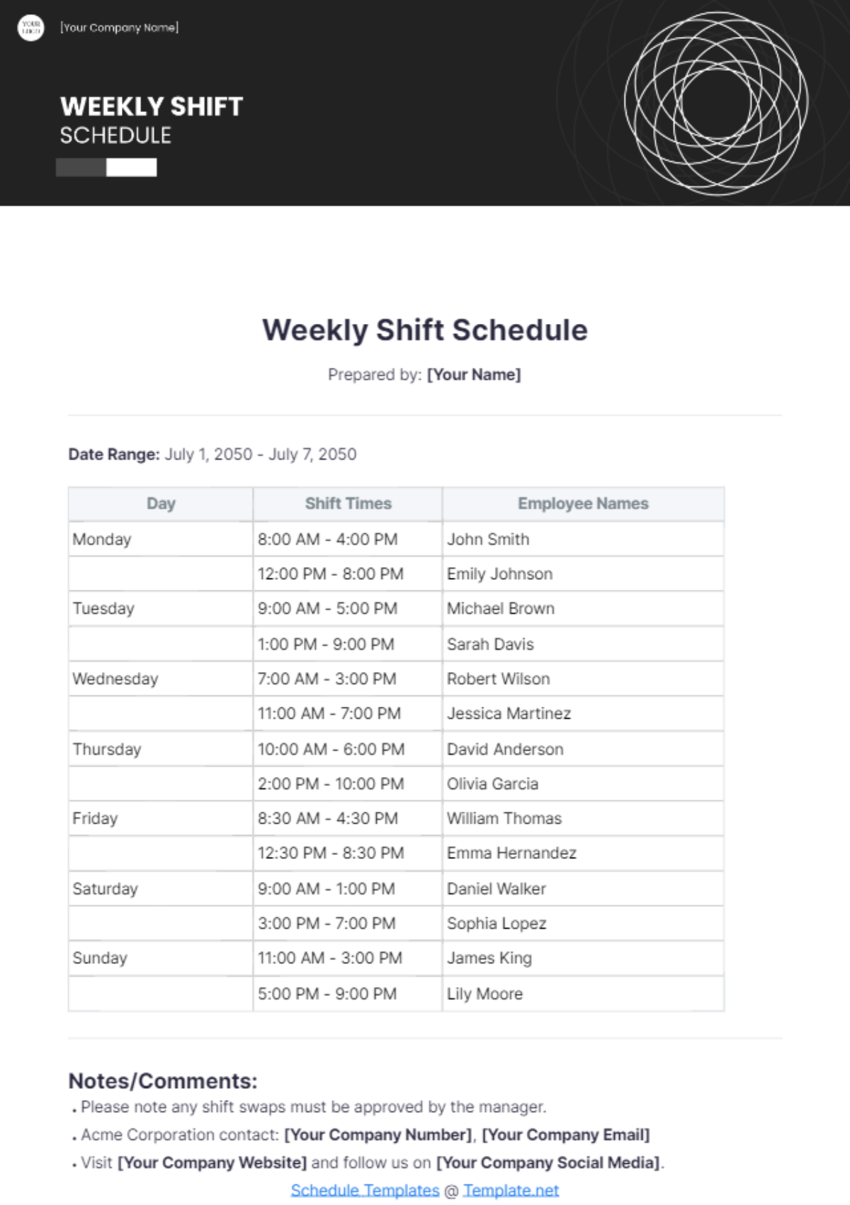 Weekly Shift Schedule Template - Edit Online & Download