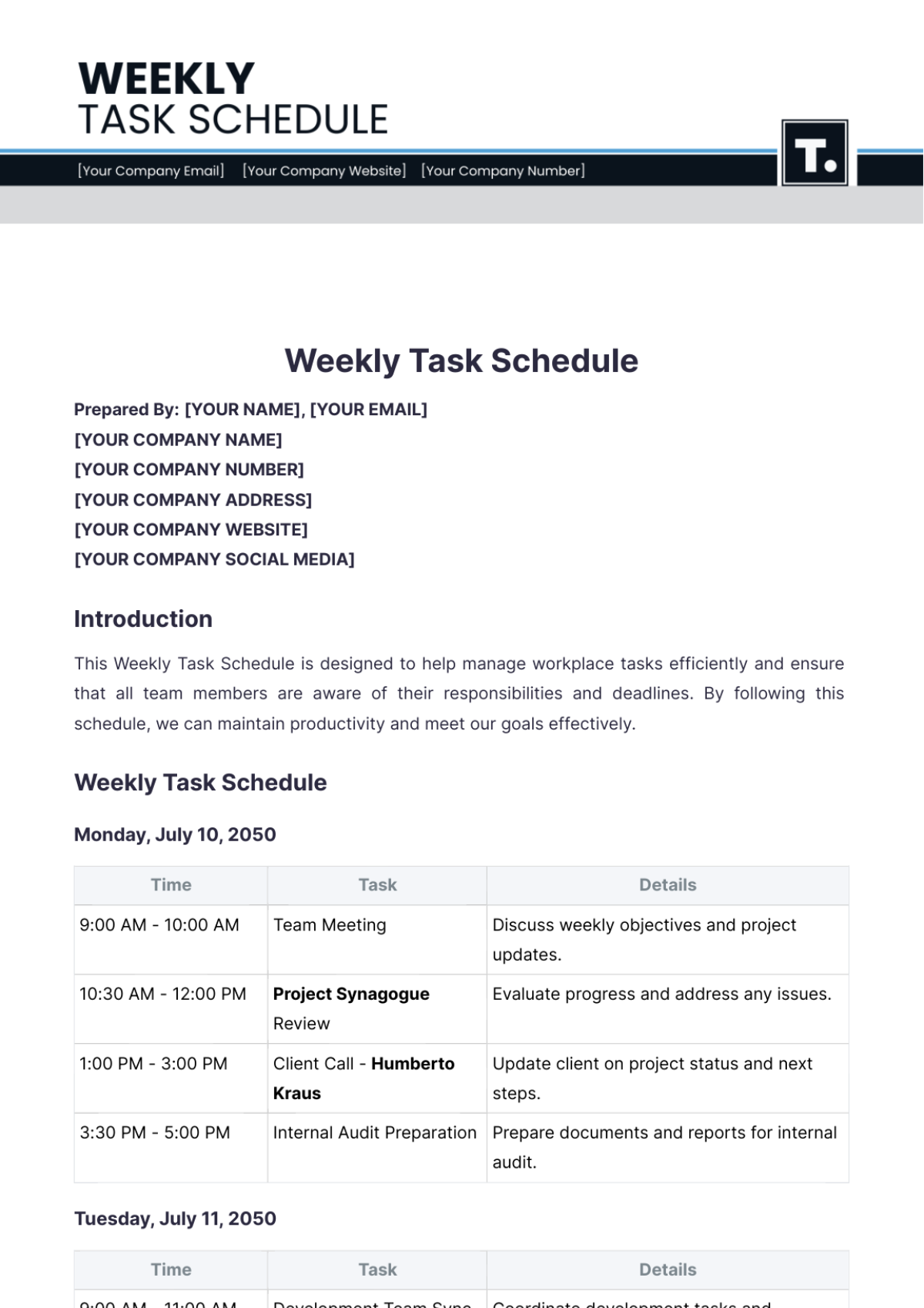 Weekly Task Schedule Template - Edit Online & Download