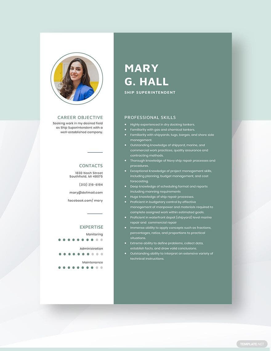 Free Ship Superintendent Resume in Word, Apple Pages