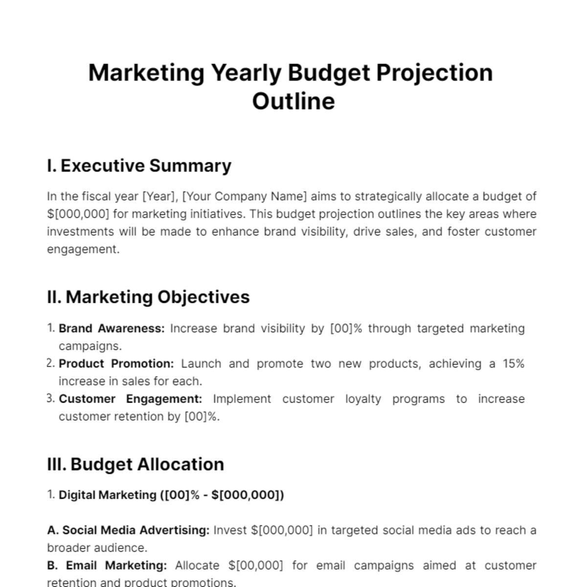 Marketing Yearly Budget Projection Outline Template