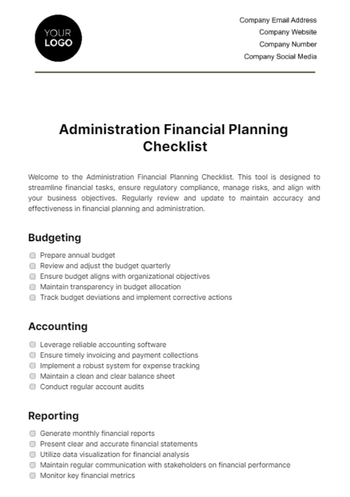 Free Administration Financial Planning Checklist Template