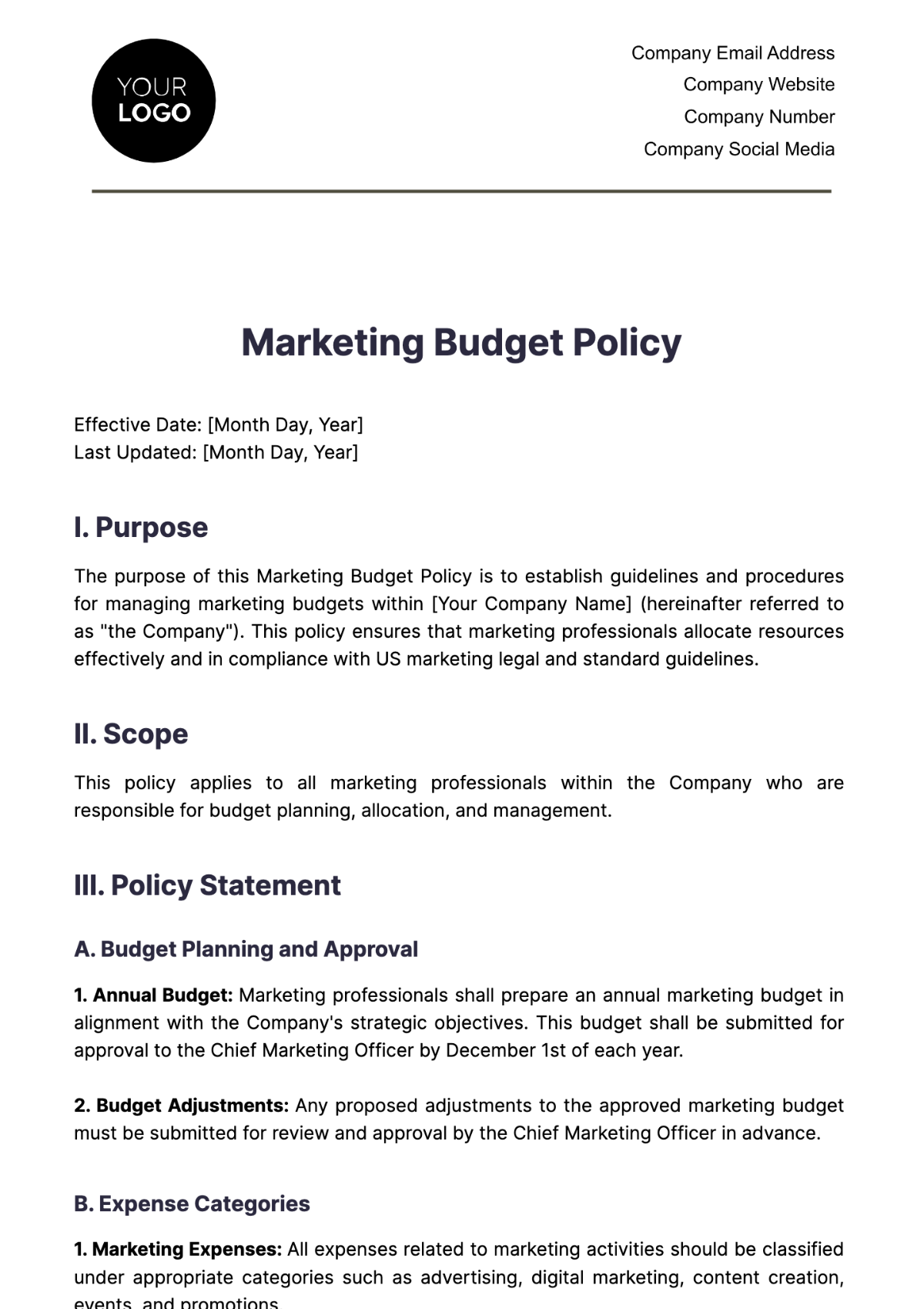 Marketing Budget Policy Template - Edit Online & Download