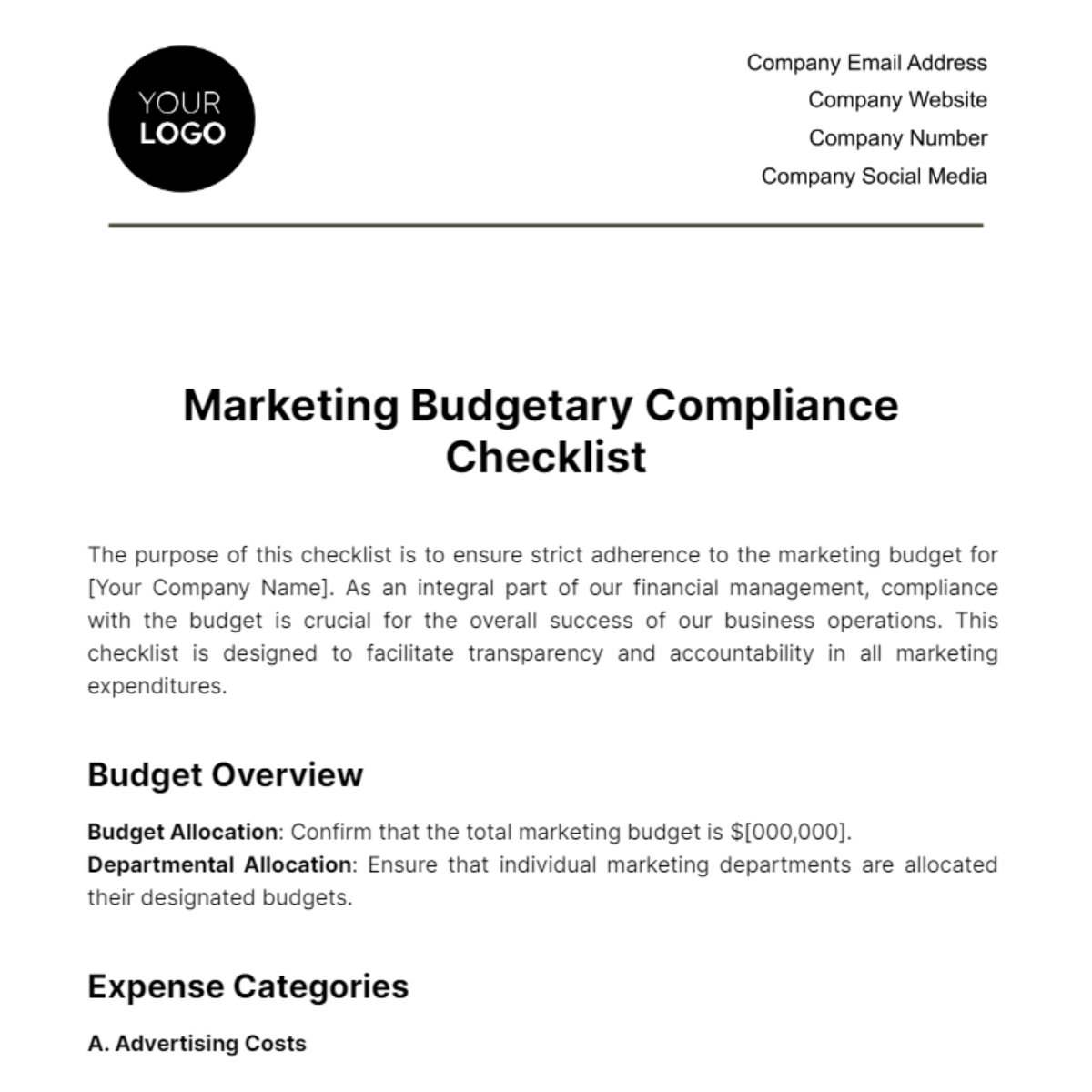 Marketing Budgetary Compliance Checklist Template